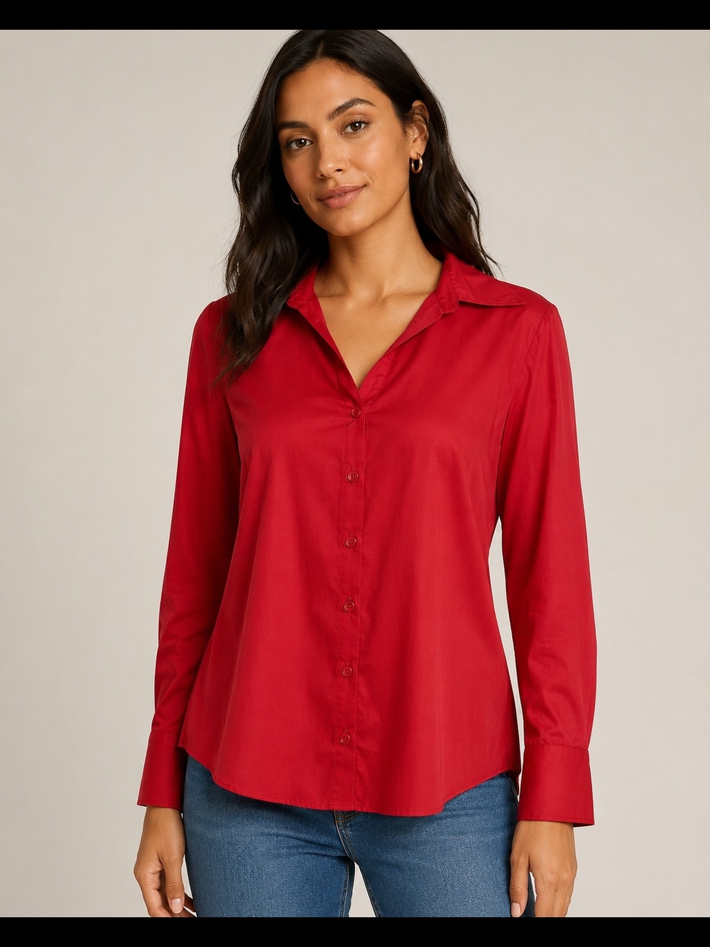 Women's Red Button-Down Shirt with Point Collar